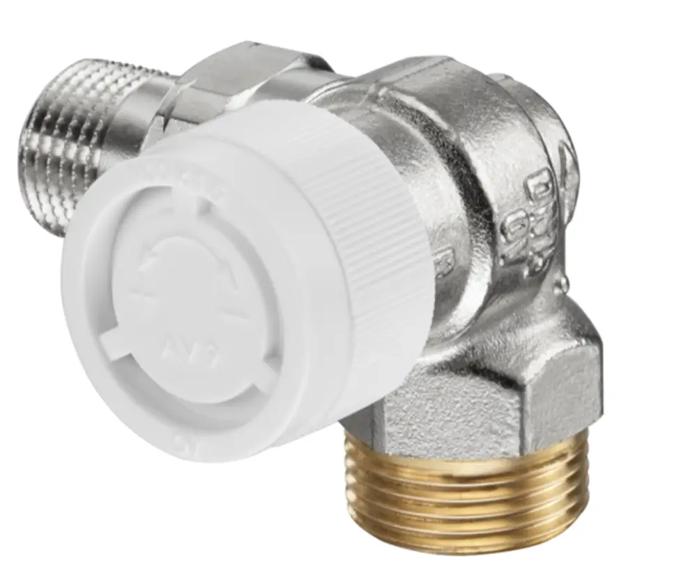 Thermostatventil von Oventrop, Winkeleck-Design, Anschluss für Rohrleitungen, metallische Oberfläche, geeignet für Heizungsanwendungen.